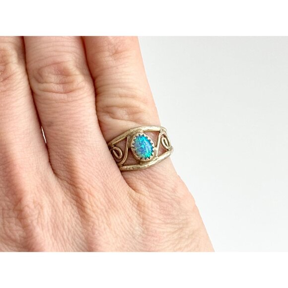 Blue Opal Open Work Southwest Style Sterling Silver 925 Vintage Ring - sz 5.5 - Picture 13 of 16